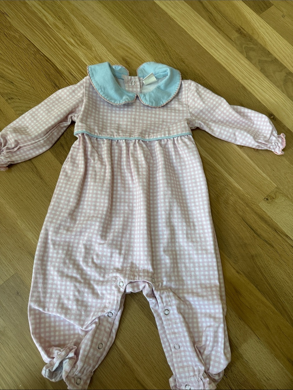 Pink Gingham Footed One-Piece with Light Blue Collar